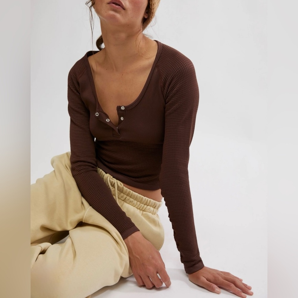 FP Movement by Free People Brown Ribbed Henley Long Sleeve Top - Picture 2 of 4